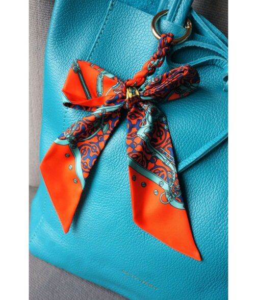 noeud-chic-style-couture-motif-cavalerie-orange-bleu-et-turquoise-esprit-foulard-ruban-bijou-de-sac-elegant-porte-cles